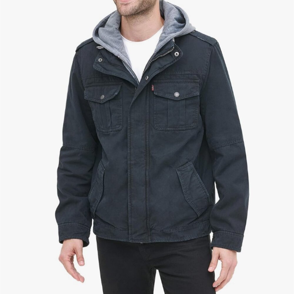 Levi’s Men’s Distressed Washed Cotton Hooded Military Jacket Size Large EUC